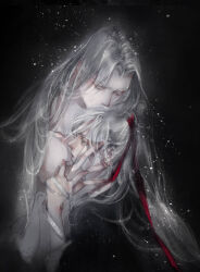 2boys alternate_hair_color bishounen black_background black_hanfu chinese_clothes closed_mouth collarbone couple faux_traditional_media grey_eyes hair_ribbon half-closed_eyes hand_grab hand_on_another&#039;s_face hanfu height_difference high_ponytail highres holding holding_ribbon hug ink_wash_painting kcllzas163 kiss kissing_head lan_wangji light_particles long_hair looking_at_another male_focus modao_zushi multiple_boys open_clothes open_robe pectorals ponytail red_ribbon ribbon robe third-party_source upper_body wei_wuxian white_hair white_hanfu white_ribbon yaoi
