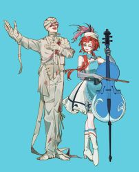 Rule 34 | 1boy, 1girl, :d, absurdres, arm up, bandaged hand, bandaged head, bandages, barcarola (reverse:1999), bare shoulders, barefoot, blue background, blue dress, blue eyes, boots, bow (music), covered eyes, crossed legs, double bass, dress, elbow gloves, full body, gloves, grey gloves, hand on own chest, hanze, hat, hat feather, highres, holding, holding bow (music), instrument, looking at another, medium dress, open mouth, pants, reverse:1999, shirt, sleeveless, sleeveless dress, smile, the idealist (reverse:1999), two-tone dress, white boots, white dress, white hat, white pants, white shirt