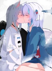 Rule 34 | 2girls, animal ears, black choker, blue hair, blush, cat ears, choker, commentary, fins, fish tail, gawr gura, grey hair, hair between eyes, hair ornament, hololive, indie virtual youtuber, kiss, long hair, mecha neruko, multiple girls, nachoneko, paw print, shark tail, tail, very long hair, virtual youtuber, yuri
