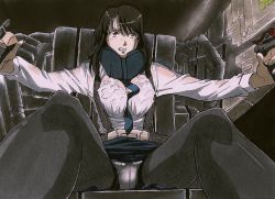 Rule 34 | 10s, 1girl, aldnoah.zero, between breasts, black hair, black pantyhose, bra visible through clothes, breasts, breasts squeezed together, brown eyes, clenched teeth, cockpit, crotch seam, female focus, kaizuka yuki, large breasts, long hair, long sleeves, lostunicorn, marker (medium), necktie, necktie between breasts, outstretched arms, panties, panties under pantyhose, pantyhose, pantyshot, seatbelt, shirt, sitting, skirt, solo, spread legs, teeth, traditional media, underwear, upskirt, wet, wet clothes, wet shirt, white panties, white shirt