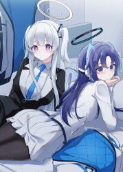 2girls alternate_hairstyle black_halo black_pantyhose black_suit blue_archive coat cosplay costume_switch formal_clothes hairstyle_switch halo headgear highres jacket long_hair looking_at_viewer lying multiple_girls noa_(blue_archive) noa_(blue_archive)_(cosplay) on_bed pantyhose pleated_skirt purple_eyes purple_hair shiraae_quartet skirt smile suit two-sided_fabric two-sided_jacket two_side_up unworn_coat white_hair white_halo white_skirt white_suit yuuka_(blue_archive) yuuka_(blue_archive)_(cosplay)