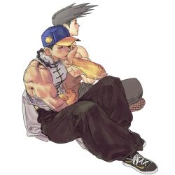 Rule 34 | 2boys, arm across waist, arm up, baseball cap, black footwear, black hair, black pants, braid, bridal gauntlets, brown hair, chinese clothes, closed eyes, closed mouth, commentary, elbow on knee, hand on own face, hashtag-only commentary, hat, head rest, indian style, knees up, long bangs, long hair, male focus, mandarin collar, momomo82345, multicolored hat, multiple boys, muscular, muscular male, pants, red shirt, shirt, shoelaces, shoes, siblings, sideburns, simple background, single braid, sitting, sleeveless, sneakers, street fighter, street fighter iii (series), twins, white background, white shirt, yang lee, yellow bridal gauntlets, yun lee