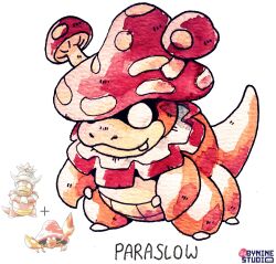 bynine collar creatures_(company) extra_legs fakemon fang fusion game_freak gen_1_pokemon gen_2_pokemon highres mushroom mushroom_on_head nintendo no_pupils parasect parasite pokemon pokemon_(creature) slowking
