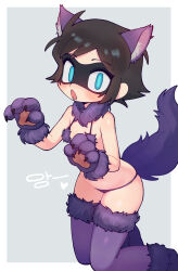 1girl animal_ears animal_hands batman_(series) batrobin_k bikini blue_eyes border breasts brown_hair claw_pose dc_comics domino_mask fur_collar fur_trim gao genderswap genderswap_(mtf) gloves highres korean_text mask paw_gloves purple_thighhighs robin_(batrobin_k) robin_(dc) short_hair simple_background small_breasts swimsuit tail thighhighs thong translation_request white_border wolf_ears wolf_tail