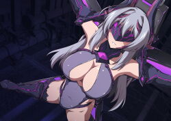 Rule 34 | 1girl, absurdres, aoi tabane, bare shoulders, blindfold, boots, bound, breasts, cleavage, covered eyes, covered navel, elbow gloves, gloves, grey hair, headgear, highres, katsuragi marina, kouyoku senki exs-tia, large breasts, leotard, long hair, mask, mind controlled exs-tia, purple leotard, restrained, solo, stationary restraints, thigh boots, thighhighs
