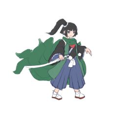 1other adagumo_no_yaorochi androgynous artist_request black_hair black_kimono black_sleeves blue_hakama blunt_bangs bottle_opener brown_sandals closed_mouth detached_sleeves ear_piercing floral_print full_body green_jacket green_scarf grey_eyes hair_ornament hair_scrunchie hakama hakama_pants high_side_ponytail holding holding_sword holding_weapon jacket japanese_clothes jinbaori jinbei_(clothes) kimono len&#039;en long_hair long_sleeves looking_at_viewer multiple_tails other_focus pants parted_bangs piercing pom_pom_(clothes) red_scarf sandals scarf scrunchie second-party_source simple_background slit_pupils smile snake_tail socks solo standing sword sword_of_kusanagi tail tasouken weapon white_background white_scrunchie white_socks wide_sleeves