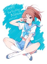 1girl blue_neckerchief blue_sailor_collar blue_skirt brown_hair commentary_request grin hibike!_euphonium highres kitauji_high_school_uniform kotomozou long_hair looking_at_viewer midriff nakagawa_natsuki navel neckerchief one_eye_closed ponytail sailor_collar school_uniform serafuku shirt shoes skirt smile socks solo v white_shirt white_shoes white_socks