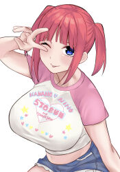1girl absurdres blue_eyes breasts character_name commentary_request crop_top denim denim_shorts go-toubun_no_hanayome heisei_retro highres jojifuku large_breasts looking_at_viewer marimo_625 midriff nakano_nino pink_hair shirt short_sleeves shorts smile solo t-shirt tongue tongue_out twintails v v_over_eye
