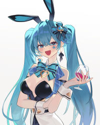 Rule 34 | 1girl, absurdres, alcohol, animal ears, arm under breasts, bare shoulders, black leotard, black survival, blue bow, blue eyes, blue hair, bow, bowtie, breasts, cup, detached collar, drinking glass, earrings, emma hardy, enjjyang-it, eternal return: black survival, facial mark, fake animal ears, hair bow, highres, holding, holding cup, jewelry, large breasts, leotard, long hair, looking at viewer, official alternate costume, open mouth, playboy bunny, rabbit ears, simple background, solo, spade (shape), spade facial mark, strapless, strapless leotard, tailcoat, twintails, very long hair, vest, white background, white vest, wine, wine glass, wing collar