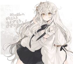 1girl absurdres black_ribbon closed_mouth commentary commission dress flower grey_hair haiiro_(frabilovelove) hair_flower hair_ornament hand_up highres indie_virtual_youtuber long_hair long_sleeves looking_at_viewer neck_ribbon ribbon skeb_commission smile sofieru solo very_long_hair white_dress yellow_eyes