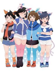4boys :d ;) animal_ears black_hair bracelet brown_eyes brown_hair calem_(pokemon) closed_mouth commentary_request earrings elio_(pokemon) grey_eyes hand_in_pocket hand_up highres hilbert_(pokemon) jewelry knees lucas_(pokemon) male_focus multiple_boys nintendo one_eye_closed open_mouth orange_shoes orange_socks pink_thighhighs pokemon pokemon_bw pokemon_dppt pokemon_sm pokemon_tail pokemon_xy sana_(37pisana) shirt shoes short_hair shorts smile socks standing striped_clothes striped_shirt tail teeth thighhighs tongue upper_teeth_only vest white_shorts