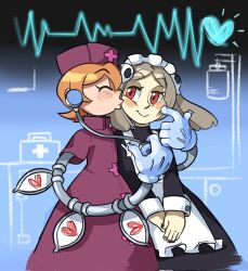 2girls bloody_marie_(skullgirls) gloves hat heart highres kissing_cheek latex latex_gloves maid multiple_girls nalfirstart nurse nurse_cap peacock_(skullgirls) skullgirls yuri