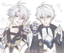 2boys alternate_universe antenna_hair armor artist_name black_choker blue_eyes character_name chest_belt chibi choker cleavage_cutout clothing_cutout coat collarbone collared_coat commentary crossover english_text hair_between_eyes head_tilt high_collar highres honkai:_star_rail honkai_(series) honkai_impact_3rd hoyofair in-franchise_crossover kevin_kaslana long_sleeves looking_at_viewer multiple_boys napppptt official_alternate_costume open_clothes open_coat parted_lips pectoral_cleavage pectorals phainon_(honkai:_star_rail) shade short_hair shoulder_armor smile symbol-only_commentary teeth twitter_username wavy_hair white_background white_hair