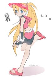 1girl alternate_costume bike_shorts black_gloves black_shorts blonde_hair blue_eyes capcom ciel_(mega_man) crop_top cropped_hoodie fingerless_gloves gloves hat highres hood hood_down hoodie leg_up long_hair looking_at_viewer mega_man_(series) mega_man_zero_(series) pink_hat pink_hoodie pink_skirt pink_slippers ponytail shorts single_glove skirt sleeveless slippers smile solo translation_request v_arms vani_(hisha_04) visor_cap