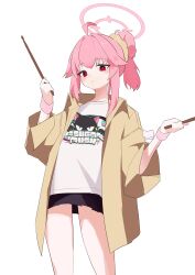 1girl absurdres ahoge black_skirt blue_archive blush bright_pupils commentary cowboy_shot drumsticks dual_wielding hair_bun hair_intakes hair_ornament hair_scrunchie halo hands_up highres holding holding_drumsticks jacket looking_at_viewer medium_hair miniskirt natsu_(band)_(blue_archive) natsu_(blue_archive) official_alternate_costume official_alternate_hairstyle open_clothes open_jacket parted_lips pink_hair pink_halo pink_wrist_cuffs ponytail red_eyes scrunchie shirt sidelocks simple_background single_hair_bun skirt solo symbol-only_commentary toriko_(honmono) w_arms white_background white_pupils white_shirt wrist_cuffs yellow_jacket yellow_scrunchie