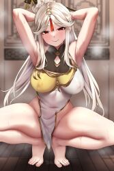 1girl absurdres armpits arms_behind_head bare_arms bare_legs bare_shoulders barefoot blush breasts breath china_dress chinese_clothes chinese_hairpin covered_erect_nipples covered_navel dress feet genshin_impact gold_trim hair_ornament hair_stick hairpin highres indoors jack_dempa large_breasts legs long_hair looking_at_viewer ningguang_(genshin_impact) no_panties parted_bangs pelvic_curtain red_eyes smile solo spread_legs squatting steaming_body sweat tassel tassel_hair_ornament thick_thighs thighs tiptoes toenails toes wet white_dress white_hair wooden_floor