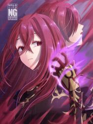 1girl 1other absurdres aura crossed_bangs dark_aura dark_persona female_alear_(fell_dragon)_(fire_emblem) female_alear_(fire_emblem) female_alear_(red_days_past)_(fire_emblem) fire_emblem fire_emblem_engage fire_emblem_heroes highres male_alear_(fell_dragon)_(fire_emblem) male_alear_(fell_dragon_child)_(fire_emblem) male_alear_(fire_emblem) nintendo official_alternate_color official_alternate_eye_color official_alternate_hair_color red_aura red_eyes red_hair solo_focus tondemoneeds