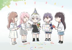 5girls :3 bang_dream! bang_dream!_it&#039;s_mygo!!!!! black_hair black_shirt blue_eyes blue_shorts blue_skirt bowl brown_eyes brown_hair character_name chihaya_anon chopsticks closed_eyes commentary confetti dress food grey_dress grey_hair happy_birthday hat heterochromia highres holding holding_bowl holding_chopsticks holding_party_popper holding_sign jacket jewelry kaname_raana long_hair lyy matcha_parfait mole mole_under_eye multiple_girls mygo!!!!!_(bang_dream!) nagasaki_soyo necklace noodles open_mouth party_hat party_popper pinafore_dress pink_hair plaid_clothes plaid_dress pleated_skirt shiina_taki shirt short_hair short_sleeves shorts sidelocks sign skirt sleeveless sleeveless_dress soba takamatsu_tomori white_hair white_jacket white_shirt white_skirt yellow_eyes