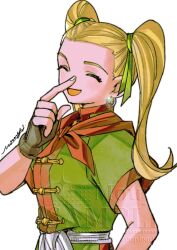 1girl belt blonde_hair closed_eyes dragon_quest dragon_quest_builders_2 earrings female_builder_(dqb2) fingerless_gloves gloves green_ribbon green_tunic hair_ribbon highres hoop_earrings jewelry long_hair mouyi necktie open_mouth red_necktie ribbon sample_watermark short_sleeves sign smile solo tunic twintails upper_body watermark white_background white_belt