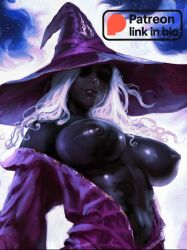 Rule 34 | 1girl, anato finnstark, black skin, breasts, breasts apart, colored skin, dark-skinned female, dark skin, elden ring, elden ring nightreign, highres, huge breasts, large hat, long hair, nipples, open clothes, paid reward available, partially shaded face, recluse (elden ring), smile, solo, upper body, very dark skin, white hair, witch