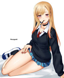 Rule 34 | 1girl, aona (anagasaki), artist name, black sweater, blonde hair, blue skirt, fingernails, food, food in mouth, gradient hair, hand on own thigh, highres, kitagawa marin, long fingernails, long hair, looking at viewer, miniskirt, multicolored hair, necktie, pink eyes, pocky, pocky in mouth, red nails, red necktie, shirt, skirt, smile, solo, sono bisque doll wa koi wo suru, sweater, thighs, two-tone hair, white background, white shirt