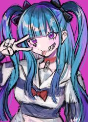 1girl amemiya_darumi black_bow black_hair blue_hair bow collar face_piercing female_focus heart lip_piercing long_sleeves looking_at_viewer multicolored_hair peace_symbol piercing pink_eyes purple_background red_bow red_collar safety_pin shirt solo striped_clothes striped_shirt the_hundred_line_-last_defense_academy- tokkaridouru tongue tongue_out twintails upper_body