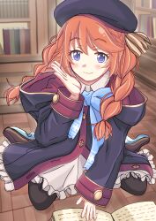 1girl absurdres beret black_pantyhose blue_bow book bookshelf bow braid brown_shoes closed_mouth frills hair_over_shoulder hat highres hood hooded_coat indoors light_smile long_hair looking_at_viewer nattsu_(nattsu_shiro) on_ground open_book orange_hair pantyhose princess_connect! purple_eyes school_uniform shoes sitting solo st._theresa&#039;s_girls_academy_school_uniform twin_braids wariza yuni_(princess_connect!)
