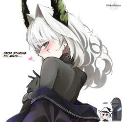 1other 2girls absurdres arknights artist_name black_coat black_gloves blush chibi chibi_inset coat doctor_(arknights) earrings embarrassed english_text from_behind gloves hair_intakes hands_on_own_chest hat head_wings heart highres hood hooded_coat irene_(arknights) irene_(the_adjudicatrix_and_her_resolve)_(arknights) jewelry long_hair long_sleeves looking_at_viewer looking_back mask multiple_girls off_shoulder official_alternate_hairstyle radish_(daikonchamma) red_eyes scar scar_across_eye scar_on_face simple_background solo_focus specter_(arknights) specter_the_unchained_(arknights) white_background white_hair white_hat wings