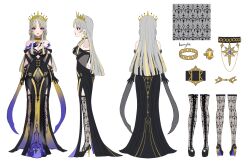 1girl aburage_(motimotigg20) bangle black_choker black_dress black_gloves black_shoes blonde_hair bracelet breasts choker cleavage dress earrings gloves gold_necklace grey_hair high_heels highres indie_virtual_youtuber jewelry long_hair multicolored_hair multiple_views necklace off-shoulder_dress off_shoulder pelvic_curtain purple_eyes ring second-party_source shoes streaked_hair sunny_splosion thighhighs tiara virtual_youtuber white_background