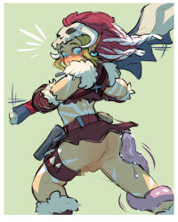 Rule 34 | 1boy, anus, arm warmers, armlet, ass, barbarian set (zelda), belt, blonde hair, blue earrings, blue eyes, blush, bodypaint, bottomless, brown skirt, brown vest, censored, club (weapon), crescent, crescent moon, crescent moon earrings, crop top, earrings, elf, embarrassed, erection, from behind, fur-trimmed legwear, fur-trimmed vest, fur trim, green background, highres, horned hat, horns, jewelry, leg tattoo, link, long tongue, looking back, male focus, moon, moon earrings, mosaic censoring, nintendo, penis, pointy ears, ripushko, sidelocks, skirt, skull, skull on head, solo, standing, surprised, tattoo, testicles, the legend of zelda, the legend of zelda: breath of the wild, tongue, tongue around leg, tongue out, trap, vambraces, vest, weapon, wide-eyed