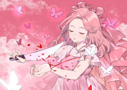 1girl blood blood_on_face blood_spray bloody_knife bug butterfly closed_eyes cloud cloudy_sky dress earrings empire_waist glowing glowing_earrings han_jiu_(456116642) holding holding_knife injury insect jewelry knife long_hair nail_polish original parted_bangs pink_dress pink_hair pink_nails pink_sky pink_theme pink_veil self-harm short_sleeves sky smile upper_body veil wrist_cutting