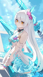 1girl absurdres ahoge ai_dongdong bare_shoulders closed_mouth dress earrings hair_ornament highres honkai_(series) honkai_impact_3rd jewelry kiana_kaslana kiana_kaslana_(herrscher_of_the_void) kiana_kaslana_(parasol_kaiserin) long_hair long_sleeves looking_at_viewer outdoors shell_hair_ornament signature smile solo very_long_hair water white_hair yellow_eyes