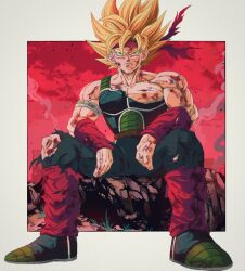 Rule 34 | 1boy, bardock, battle damage, blonde hair, blood, border, bure (fantasticyouth7), dragon ball, dragonball z, full body, grey border, headband, highres, male focus, medium hair, muscular, muscular male, red headband, saiyan armor, sitting, solo, spiked hair, super saiyan, super saiyan 1