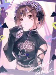 1girl :&lt; arm_cutout black_bow black_nails black_sweater bow brown_eyes brown_hair dot_nose frilled_hairband frills hairband haku_wi highres looking_afar midriff picture_frame project_sekai shinonome_ena short_hair sleeves_past_wrists solo sweater tagme too_many_hair_ornaments