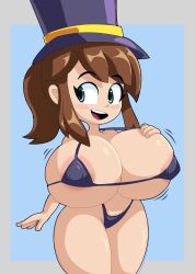 1girl a_hat_in_time alternate_breast_size areola_slip bikini blue_background blue_bikini blue_eyes blue_hat blush_stickers border breasts brown_hair cleavage covered_erect_nipples grey_border hat hat_kid long_hair looking_to_the_side micro_bikini motion_lines open_mouth oppai_loli ponytail sidelocks simple_background solo swimsuit teeth thick_thighs thighs top_hat upper_teeth_only yelladrill