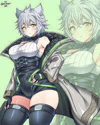 1girl animal_ears armpits black_gloves black_shorts black_thighhighs blush breasts cat_ears cat_girl closed_mouth eyebrows_hidden_by_hair fingerless_gloves gloves green_background grey_eyes grey_jacket hand_on_own_hip hand_on_own_thigh high-waist_shorts highres jacket jarckius large_breasts looking_at_viewer na&#039;el_(xenoblade) short_hair shorts sleeveless sleeveless_turtleneck solo standing thighhighs thighs turtleneck xenoblade_chronicles_(series) xenoblade_chronicles_3 yellow_eyes