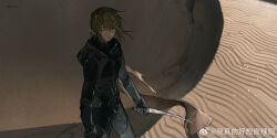 1boy akihare black_bodysuit blue_eyes bodysuit brown_hair brown_scarf crysknife desert dune:_part_two dune_(series) highres holding holding_knife knife link medium_hair nintendo parody pointy_ears sand scarf solo stillsuit the_legend_of_zelda the_legend_of_zelda:_tears_of_the_kingdom
