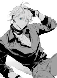 1boy absurdres antenna_hair belt black_belt black_gloves black_shirt blue_eyes collared_shirt commentary gloves greyscale half_gloves hand_on_own_head hand_up highres honkai:_star_rail honkai_(series) looking_at_viewer male_focus monochrome official_alternate_costume pants pectoral_cleavage pectorals phainon_(fashion)_(honkai:_star_rail) phainon_(honkai:_star_rail) rabbi_tao shirt short_hair simple_background sitting sleeves_rolled_up solo spot_color symbol-only_commentary twitter_username white_background white_hair