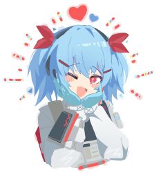 1girl absurdres blue_gloves blue_hair blush_stickers bow colphne_(girls&#039;_frontline_2) commentary cropped_torso english_commentary fang girls&#039;_frontline girls&#039;_frontline_2:_exilium gloves hair_bow hair_ornament hairpin hands_on_own_face heart highres jacket looking_at_viewer one_eye_closed open_mouth patanda red_bow red_eyes short_hair simple_background solo white_background white_jacket