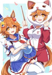 Rule 34 | + +, 2girls, animal ears, bare shoulders, blue sailor collar, blue skirt, breasts, clover hair ornament, collarbone, commentary request, daruma doll, drumsticks, ear covers, empty gerbera, flipped hair, four-leaf clover hair ornament, hair ornament, highres, holding, holding drumsticks, holding orb, horse ears, horse girl, horse tail, jacket, maneki-neko, matikanefukukitaru (make-power trio) (umamusume), matikanefukukitaru (umamusume), medium breasts, multiple girls, neckerchief, orange hair, pleated skirt, red neckerchief, red shorts, sailor collar, shirt, short hair, shorts, single ear cover, skirt, smile, tail, thighhighs, track jacket, umamusume, v-shaped eyebrows, white shirt, white thighhighs, yellow eyes