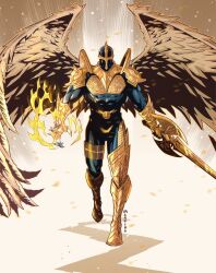 1boy angel angel_wings armor blue_bodysuit bodysuit boots energy fingernails full_body gold_armor highres holding holding_weapon long_sword looking_at_viewer male_focus open_hand redeemer_(spawn) sharp_fingernails shoulder_armor spawn_(comic) sword walking weapon wings
