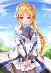 1girl ahoge black_pantyhose blonde_hair blue_archive blue_necktie blue_sky blush bocchi_the_rock! coat collared_shirt commentary_request commission cosplay costume_switch day hair_ornament highres ijichi_nijika jacket long_hair long_sleeves looking_at_viewer necktie noa_(blue_archive) noa_(blue_archive)_(cosplay) open_mouth outdoors pantyhose pixiv_commission red_eyes shirt side_ponytail sidelocks skirt sky smile solo standing suzushiro_sayumi tree very_long_hair voice_actor_connection white_coat white_jacket white_shirt white_skirt xenon_(for_achieve)