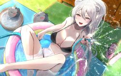 1girl absurdres alternate_costume animal_ear_fluff animal_ear_piercing animal_ears bare_shoulders bikini black_bikini black_nails blush breasts bucket cleavage collarbone commentary_request fang fingernails foot_out_of_frame from_above grey_eyes grey_hair hair_between_eyes highres holding holding_hose hololive hose large_breasts lion_ears lion_girl lion_tail long_hair looking_at_viewer looking_up navel nerorigogo open_mouth partially_submerged sandals shishiro_botan smile solo spraying ssrb_(shishiro_botan) stomach swimsuit tail unworn_sandals virtual_youtuber wading_pool water wet wooden_bucket