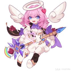 Rule 34 | 1girl, angel wings, asymmetrical legwear, bilibili username, blue eyes, dress, elf elysia, gloves, halo, heart, holding, holding staff, honkai (series), honkai impact 3rd, looking at viewer, medium hair, open mouth, pink hair, simple background, smile, staff, teeth, ticra, upper teeth only, white background, white dress, white gloves, wings