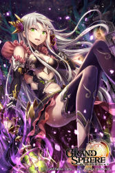 1girl black_bra black_dress black_thighhighs bra breasts cleavage clothing_cutout copyright_name day detached_sleeves dress female_focus floating_hair gabiran grand_sphere grave green_eyes hair_between_eyes hair_ornament hand_in_own_hair holding holding_weapon layered_dress looking_at_viewer medium_breasts midriff navel navel_cutout open_mouth outdoors purple_eyes side_cutout silver_hair smile solo stomach thighhighs underwear weapon