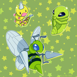alternate_color antennae artist_name beedrill blue_eyes bug commentary creatures_(company) dated english_commentary full_body game_freak gen_1_pokemon green_background kaceymeg kakuna nintendo no_humans pokemon pokemon_(creature) shiny_pokemon star_(symbol) weedle wings