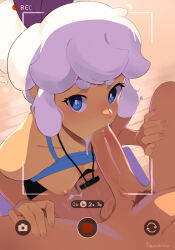 1boy 1girl artist_name bare_shoulders blue_eyes blush breasts commentary cum cum_in_mouth english_commentary erection fellatio hetero highres looking_at_viewer male_pubic_hair medium_breasts nipples oral original penis pubic_hair recording solo_focus squeezable_(squeezabledraws) taffy_(squeezable) testicles uncensored viewfinder white_hair