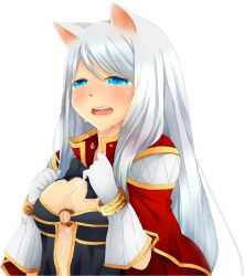 Rule 34 | 1girl, animal ears, black bow, black bowtie, black dress, blue eyes, blush, bow, bowtie, breasts, cape, cat ears, cat girl, cleavage, commentary request, creator (ragnarok online), crying, crying with eyes open, dress, gloves, large breasts, long hair, looking at viewer, meiko (nattu303), o-ring, o-ring top, open mouth, ragnarok online, red cape, simple background, smile, solo, tears, upper body, white background, white gloves, white hair