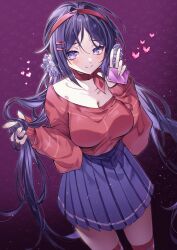 1girl absurdres blue_eyes blue_hair blue_skirt blush breasts chachong_sama cleavage commentary crazy_mita_(miside) dark_background gradient_background hair_ornament hairband hairclip heart highres holding large_breasts long_hair long_sleeves looking_to_the_side low_twintails miside mita_(miside) pixel_art purple_background red_hairband red_shirt red_thighhighs shirt skirt smile solo thighhighs twintails