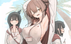 1girl 1other 3girls armpits arms_up black_hair bob_cut breasts brown_eyes brown_hair genek glasses id_card inverted_bob jacket jacket_over_swimsuit large_breasts long_hair looking_at_viewer multiple_girls one-piece_swimsuit one_eye_closed open_clothes open_jacket original swimsuit undersized_breast_cup white_one-piece_swimsuit